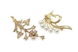 A 9ct gold seed pearl set diamond brooch and a 14ct brooch. The first hallmarked, L5.