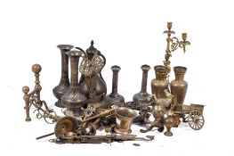 A collection of assorted brass and copperware items. Including vases and candlesticks, etc.