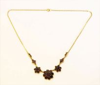 8 k Gelbgold Collier mit Granaten, L 44 cm, 12,34 gr.