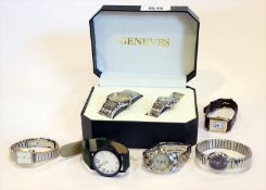 Geneves Damen- und Herren-Armbanduhr in Etui, und 5 diverse Armbanduhren, Funktionen nicht