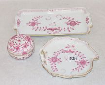 Meissen Porzellan mit indisch Malerei, purpur, runde Dose, H 6 cm, D 9 cm, Blattschale, 19 cm x 16