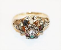 Ausgefallener 14 k geprüfter Gelgold Ring mit diversen Schmucksteinen, Gr. 62, 4,3 gr.
