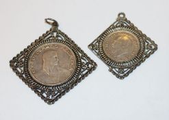 2 filigrangefaßte Silbermünzen, Ludwig III. König von Bayern, 2 Mark, und Confoederatio Helvetica, 5