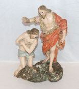 Holz Figurengruppe 'Johannes den Täufer, wie er Jesus auf einem Fels kniend tauft', geschnitzt und