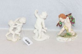 Porzellan-Konvolut: Sitzendorf Herbstfigur, bemalt, H 14 cm, Putto, weiß glasiert, H 15 cm, und