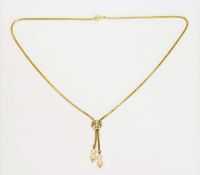 14 k Gelbgold Kette mit 4 Perlen, 7,9 gr., L 44 cm