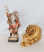 Holzskulptur 'Heiliger Florian', farbig gefaßt, H 31 cm, und goldfarbener Wandsockel, H cm, B cm,