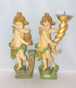 2 Holz Wandfiguren, Leuchter-Engel und Honigschlecker, farbig gefaßt, H 50 cm, teils berieben