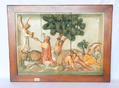 Holz Relief 'Jesus im Garten Getsemane', detaillierte Schnitzerei, farbig gefaßt, Leimfugen,
