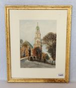 Aquarell 'Kirche', mit Passepartout unter Glas gerahmt, incl. Rahmen 46 cm x 37 cm
