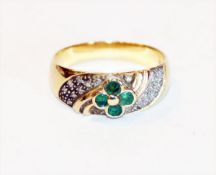 18 k Gelbgold Ring mit 4 Smaragden und Diamanten, 3,3 gr., Gr. 54