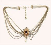 Trachten-Collier mit Granat und Perle, 7-reihig, 925 Silber, L 39 cm
