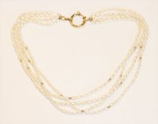 Süßwasser-Perlencollier mit vergoldeter Schließe und Perlchen, 4-reihig, L 42 cm