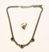 Silber Collierkette mit 3 Granatherzen, 830 Silber, L 50 cm, und 925 Silber Ring mit Granat, Gr. 57,