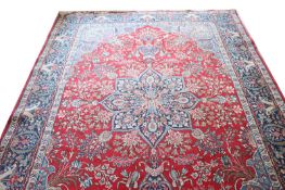 Teppich, Keshan, rot/bunt, 274 cm x 224 cm, Gebrauchsspuren, teils abgetreten