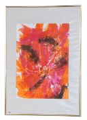 Aquarell 'Abstrakte Darstellung in Rottönen', attr. Kerstin Seltmann, mit Passepartout unter Glas