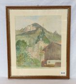 Aquarell 'Kloster Ettal', signiert A. Lang, 1943, Blatt fleckig, mit Passepartout unter Glas