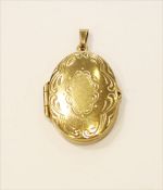 8 k Gelbgold Medaillon-Anhänger mit graviertem Dekor, aufklappbar für 2 ovale Fotos, 3,1 gr., 2,5 cm