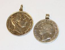 2 gehenkelte Silbermünzen, Maximilien II. und Johann König von Sachsen, 40 gr., stark poliert