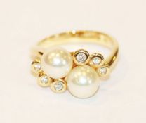 14 k Gelbgold Ring mit 2 Perlen und 6 Diamanten, 5,5 gr., Gr. 54