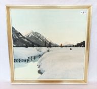 Aquarell 'Graswangtal im Winter', von Theodor Lang, unter Glas gerahmt, Rahmen leicht bestossen,
