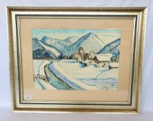 Aquarell 'Winter in den Bergen', signiert H Hug ?, 54, mit Passepartout unter Glas gerahmt, Rahmen