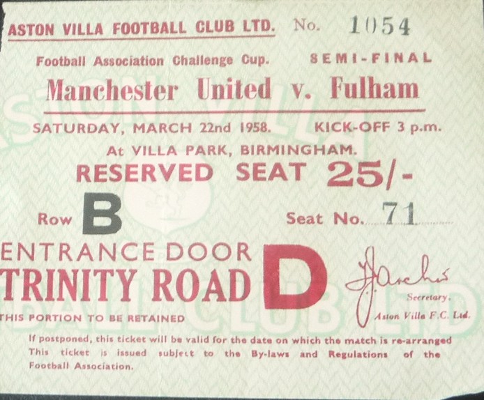 1957-58 MANCHESTER UNITED V FULHAM FA CUP SEMI-FINAL AT VILLA PARK TICKET