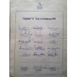 CRICKET 1995 ENGLAND 'A' TOUR TO PAKISTAN OFFICIAL AUTOGRAPH SHEET