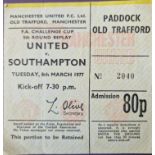 1976-77 MANCHESTER UNITED V SOUTHAMPTON FA CUP 5TH ROUND REPLAY TICKET