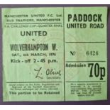 1975-76 MANCHESTER UNITED V WOLVERHAMPTON WANDERERS FA CUP 6TH ROUND TICKET