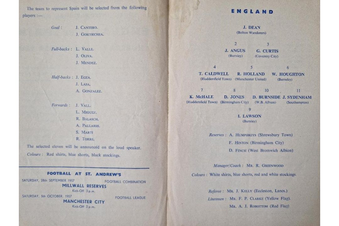 1957 ENGLAND V SPAIN YOUTH INTERNATIONAL PLAYED AT ST ANDREWS BIRMINGHAM CITY - Image 2 of 2