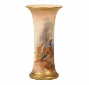 A Royal Worcester spill vase, decorated with Pheasants by James Stinton, puce mark. Height 15 cm.