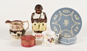 A Royal Worcester cylindrical lidded bowl, a sugar container, two pieces of Wedgwood blue