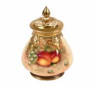 A Royal Worcester lidded pot pourri vase, 1950, decorated with green grapes and peach, signed