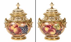 A Royal Worcester "Hand Painted Fruit Study" lidded vase or pot pourri, signed J Bowman. Height 30