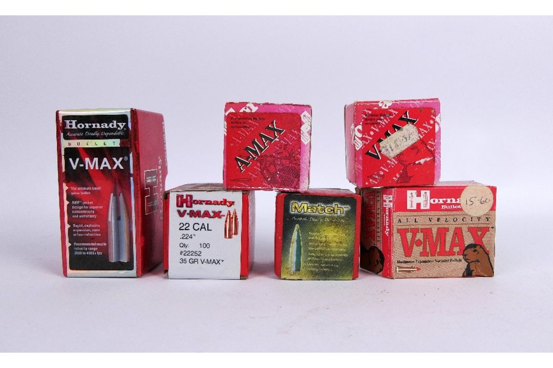 Six part boxes of Hornady cal 22 bullet heads, various weights from 35 ...