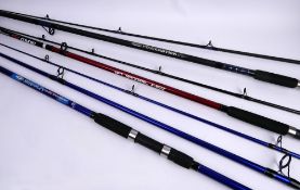 Three sea fishing rods, Fladen Powerstick in two sections 10', 50-100 grams with Shakespeare Omni