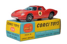 Corgi No. 314 Ferrari Berlinetta 250 Le Mans. Red, wire hubs, RN4. Displays very good to