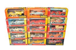 A group of 15 x Solido (1970/80's) diecast model vehicles. Mostly racing variants of Ferrari,