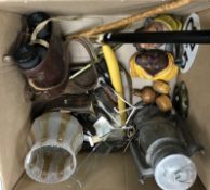 A box of assorted sundry items to include binoculars, walking stick, swagger stick,