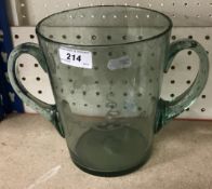 A 19th Century pale green soda glass loving mug with grape and vine etched decoration and plain