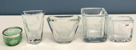 Four Strömberg glass vases, each with engraved decoration to include birds and fish,