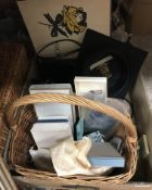 A box of assorted handbags, gloves, textiles, a fur wrap etc together with a W.