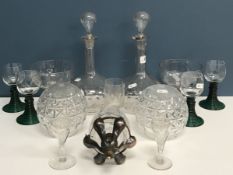 A collection of glassware to include a cut glass light shade with copper mounts in the manner of