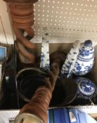 Three boxes of assorted decorative china, metal ware and glassware to include vases, obelisks,