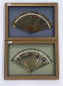 Two late Victorian horn / tortoiseshell fans with floral painted decoration, each approx 15.
