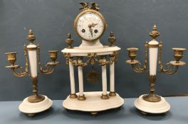 A circa 1900 French white marble and brass clock garniture, the drum eight-day movement by Admougin,