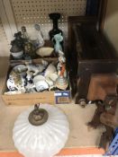 Two boxes of assorted decorative china and glasswares to include two model ships in bottle