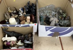 Three boxes of assorted decorative elephant figurines in various mediums to include resin, pottery,