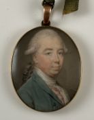 JOHN SMART (1741-1811) "Gentleman in green jacket and white stock with pink silk waistcoat",